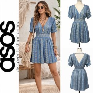 129 ASOS | EUC 95% Cotton Blue Pineapple Print Short Sleeve Wrap Mini Dress (S)